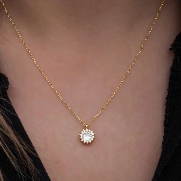 925 Ayar Gümüş Gold Minimal Yuvarlak Anturaj Kadın Kolye - Resim 5