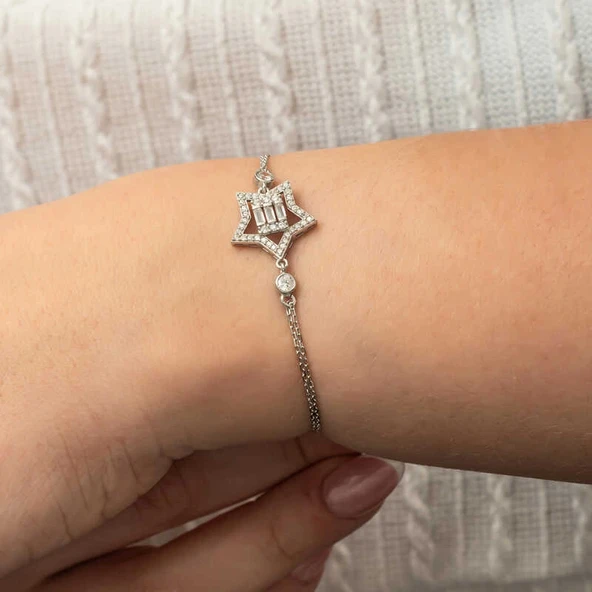Gümüş Baget Taşlı Yıldız Kadın Bileklik - Resim 4