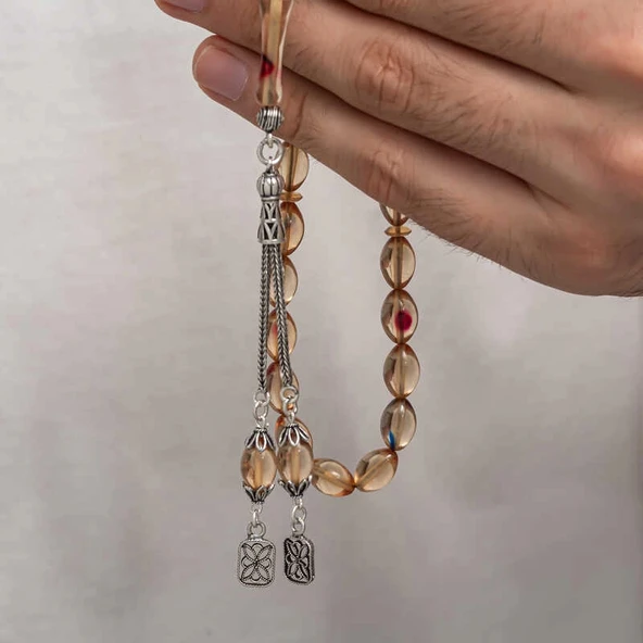 Gümüş Püsküllü Sıkma Kehribar Tesbih - Resim 4