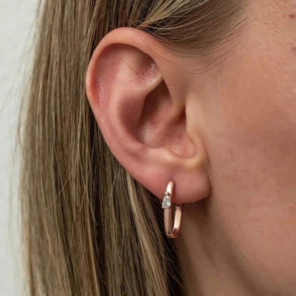 Gümüş Oval Damla Taşlı Kadın Küpe - Resim 4