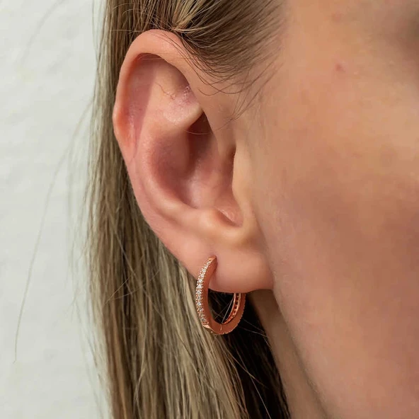 Gümüş Zirkon Taşlı Rose Oval Küpe - Resim 4