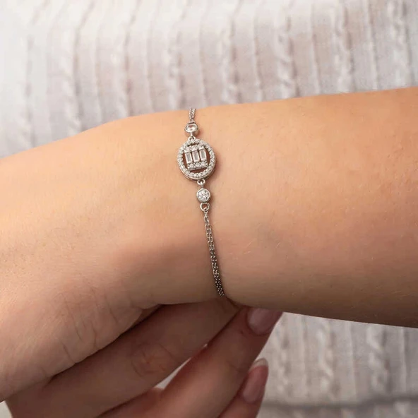 Gümüş Oval Baget Taşlı Kadın Bileklik - Resim 3