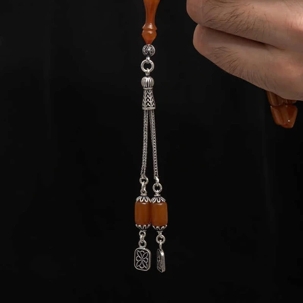 Gümüş Püskül Sıkma Kehribar Tesbih - Resim 3