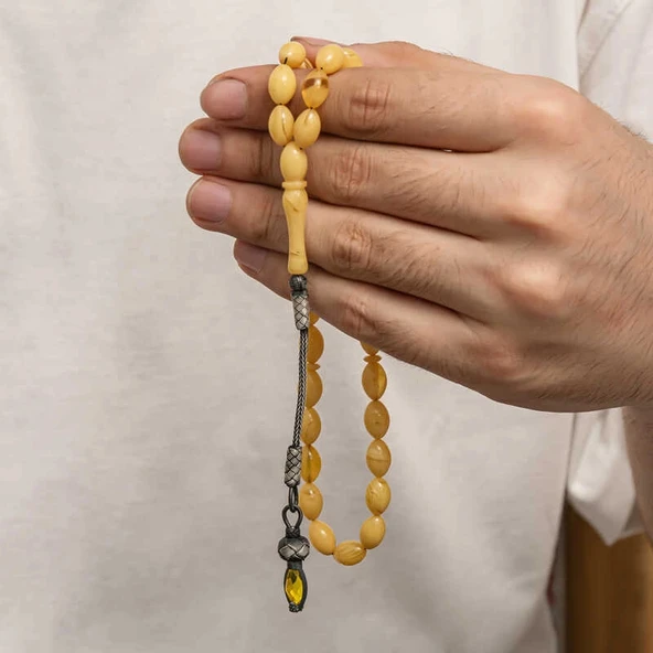 Gümüş 1000 Ayar Kazaz Püsküllü Sıkma Kehribar Tesbih - Resim 4