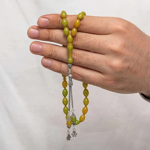 Gümüş Püsküllü Sıkma Kehribar Tesbih ürün görseli 1