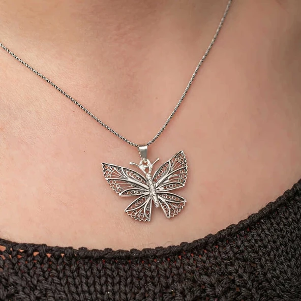 Gümüş Telkari Kelebek Kadın Kolye - Resim 5