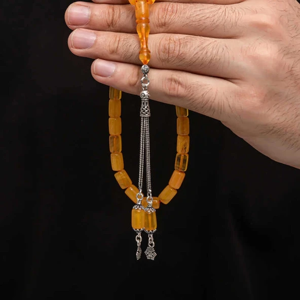 Gümüş Püskül Sıkma Kehribar Tesbih - Resim 4