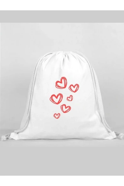 Kalpler Baskılı Sırt Çantası - İp Büzgülü Spor Çanta ürün görseli