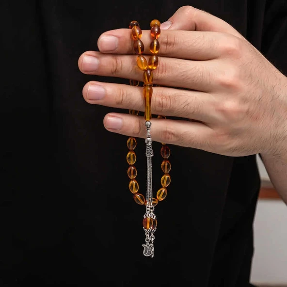 Gümüş Püskül Sıkma Kehribar Tesbih - Resim 3