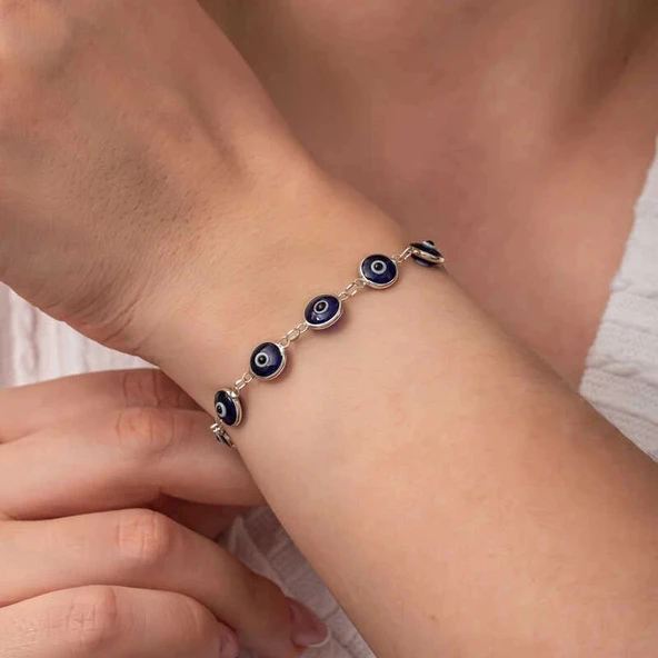 Gümüş Yuvarlak Nazar Kadın Bileklik - Resim 5