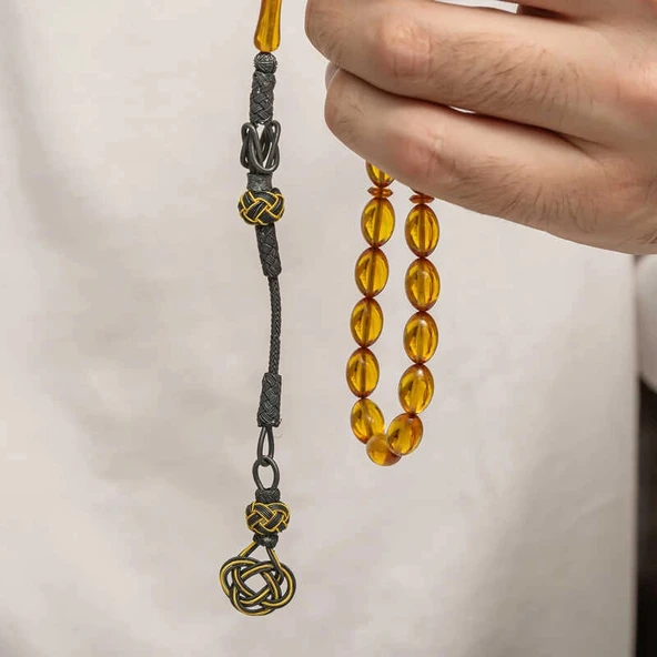 Gümüş Kazaz Püsküllü Sıkma Kehribar Tesbih - Resim 3