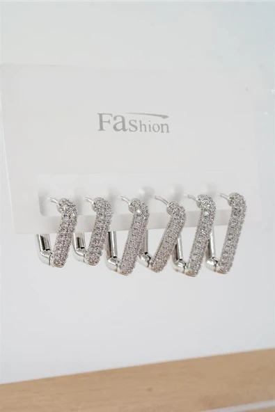 Kadın Vip Seri Zirkon Taşlı 3 Boy 6'lı Küpe Seti - Resim 2