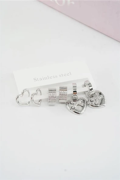 Kadın Vip Seri Baget Zirkon Taşlı Kalp Model Klipsli 6'lı Set Küpe ürün görseli