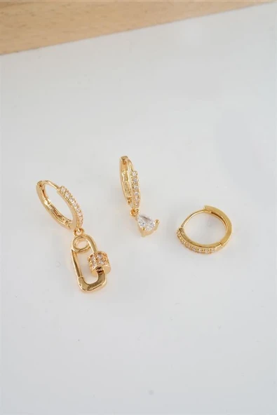 Kadın Vip Seri  Antialerjik Baget Zirkon Taşlı 3'lü Küpe - Resim 4