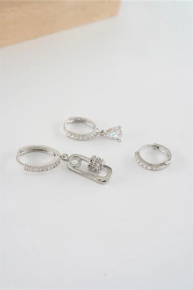 Kadın Vip Seri  Antialerjik Baget Zirkon Taşlı 3'lü Küpe - Resim 2