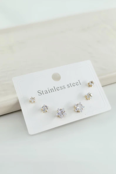 Çelik Baget Zirkon Taşlı 6'lı 3 Boy Küpe Seti – Antialerjenik Kararmaz ürün görseli