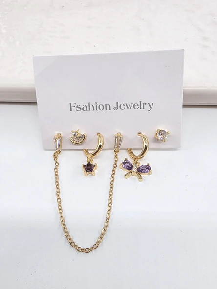 Kadın VIP Seri Zirkon Taşlı 6'lı Asimetrik Küpe Seti – Antialerjenik - Resim 3