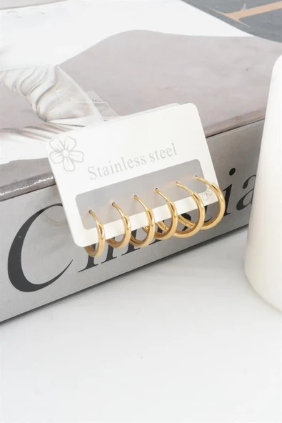 Kadın Kararmaz 316 L Çelik 6'lı Halka Set Küpe TKR001 - Resim 3