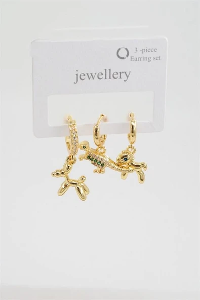 Kadın Zirkon Taşlı Şirin Hayvan Figürlü 3'lü Küpe Seti - Resim 2