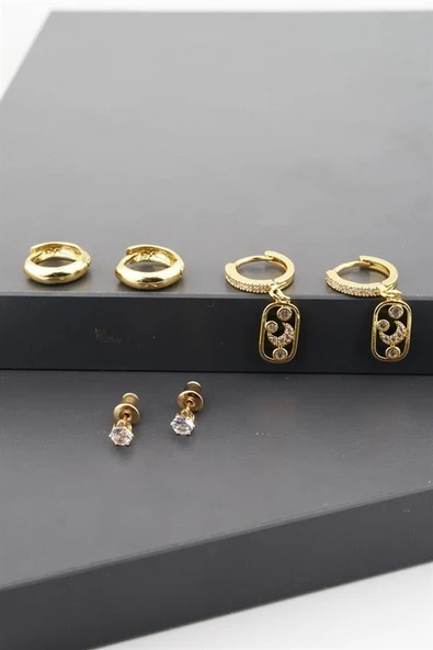 Kadın Altın Kaplama Zirkon Taşlı Ay Figürlü 6'lı Set Küpe ürün görseli