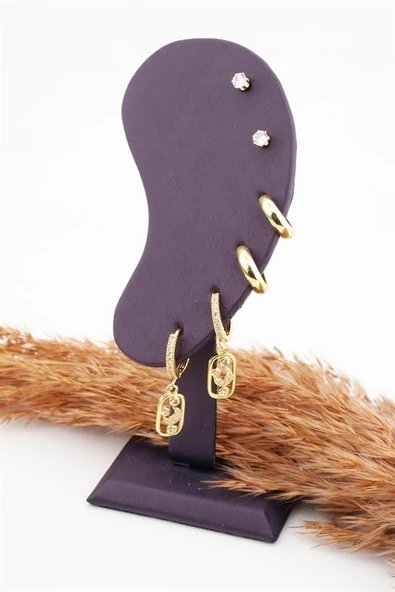 Kadın Altın Kaplama Zirkon Taşlı Ay Figürlü 6'lı Set Küpe - Resim 2