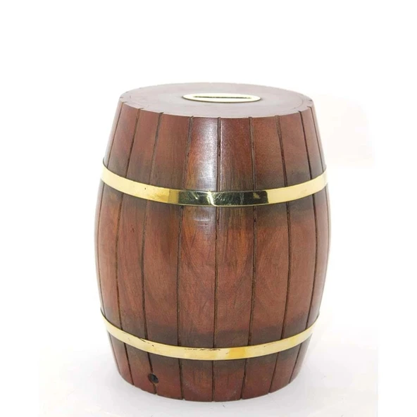 Pirinç Ahşap Fıçı Kumbara 18 Cm - Resim 2