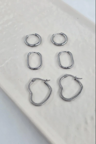 Kadın 316 L Paslanmaz Çelik Anti Alerjenik 6'lı Küpe Seti - Resim 3