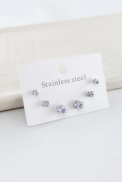 Çelik Baget Zirkon Taşlı 6'lı 3 Boy Küpe Seti – Antialerjenik Kararmaz ürün görseli