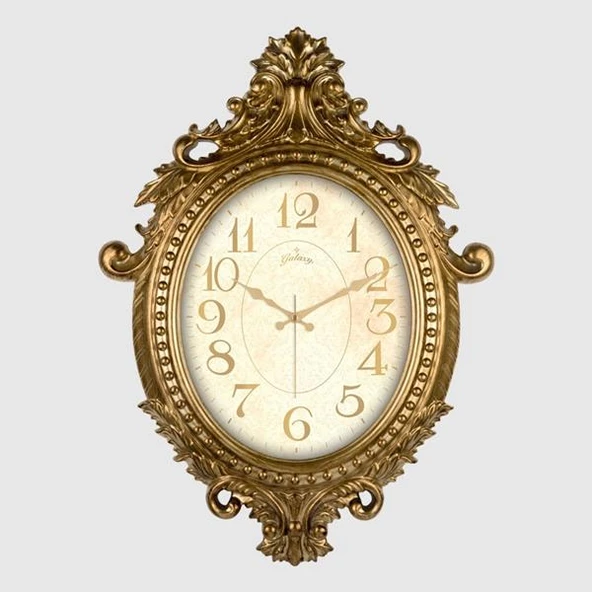 DUVAR SAATİ ALTIN SARISI ÇERÇEVE İÇİN KREM RENGİ ÇAP:73cm x 54cm VİNTAGE TAÇLI EKSİTME DEKORATİF AMERİKAN BRİSTOL KADRAN AKAR SANİYELİ MEKANİZMA AKRİLİK BOYA ABS HAMMADDE MİNERAL CAM SAAT731-SB - 1