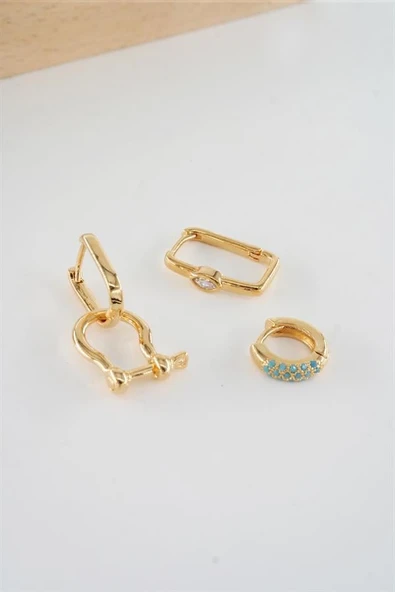 Kadın Vip Seri  Antialerjik Baget Zirkon Taşlı 3'lü Küpe - Resim 2