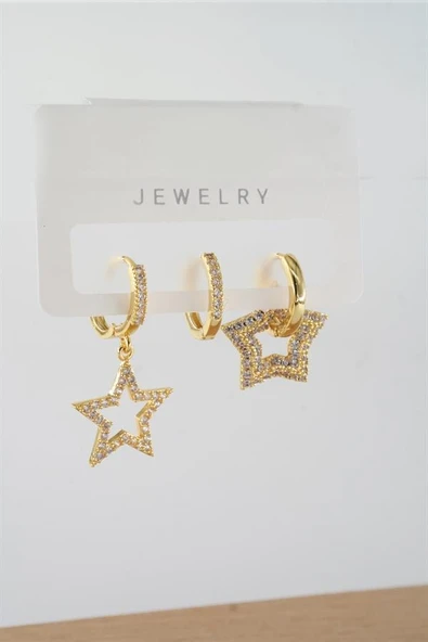 Kadın Vip Seri Baget Zirkon Taşlı Karışık Figürlü 3'lü Küpe  zrk00563 - Resim 2