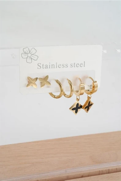 Kadın 316 L Paslanmaz Çelik Kararmaz  6'lı Küpe Seti - Resim 2