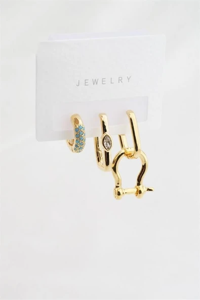 Kadın Altın Kaplama Firuze Zirkon Taşlı 3'lü Küpe Set TKR001 - Resim 2