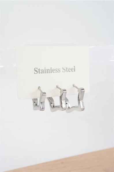 Kadın Vip Seri 316 L Paslanmaz Çelik Yıldız Model 3'lü Küpe Seti - Resim 2