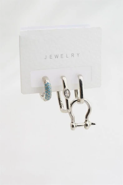 Kadın Altın Kaplama Firuze Zirkon Taşlı 3'lü Küpe Set TKR001 - Resim 2