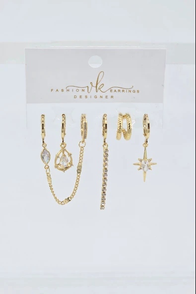 Kadın VIP Seri Zirkon Taşlı 6'lı Asimetrik Küpe Seti – Antialerjenik ürün görseli