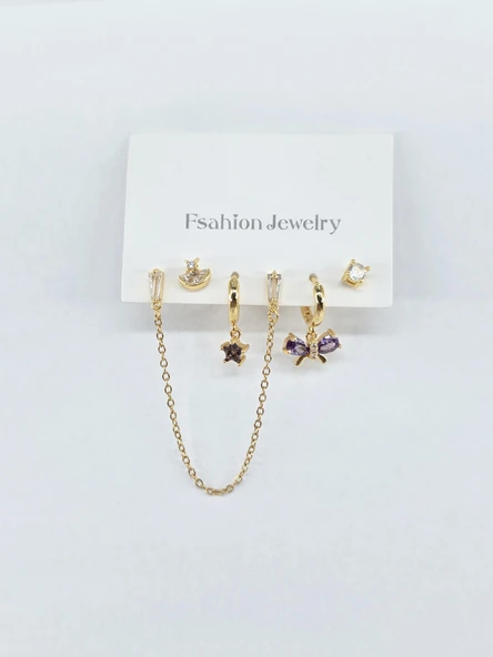 Kadın VIP Seri Zirkon Taşlı 6'lı Asimetrik Küpe Seti – Antialerjenik - Resim 4