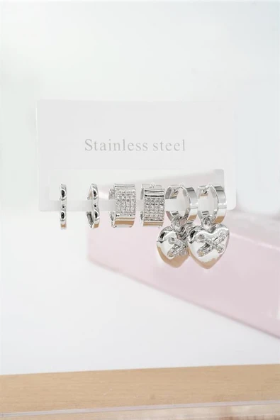 Kadın Vip Seri Baget Zirkon Taşlı Kalp Model Klipsli 6'lı Set Küpe - Resim 2