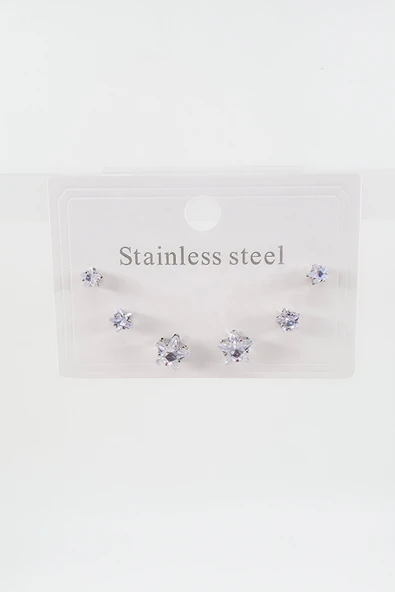 Çelik Baget Zirkon Taşlı 6'lı 3 Boy Küpe Seti – Antialerjenik Kararmaz - Resim 2