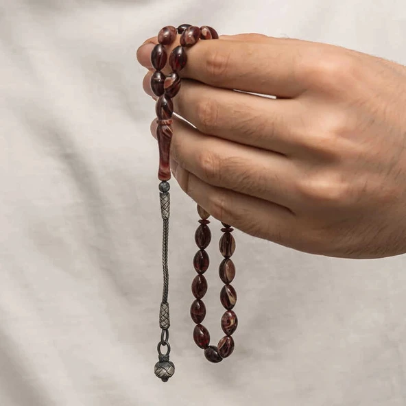 Gümüş Kazaz Püsküllü Sıkma Kehribar Tesbih - Resim 4