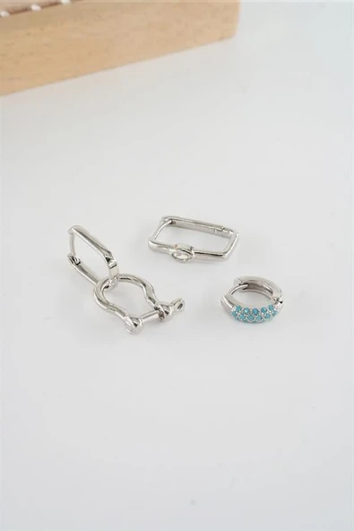 Kadın Vip Seri  Antialerjik Baget Zirkon Taşlı 3'lü Küpe - Resim 3