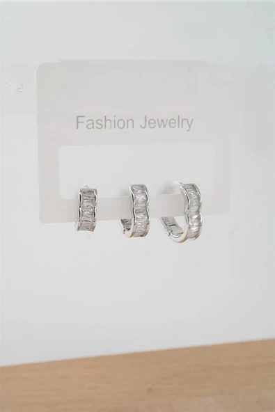 Kadın Vip Seri Baget Zirkon Taşlı Kalp Figürlü 3 Boy 3'lü Küpe Seti ürün görseli