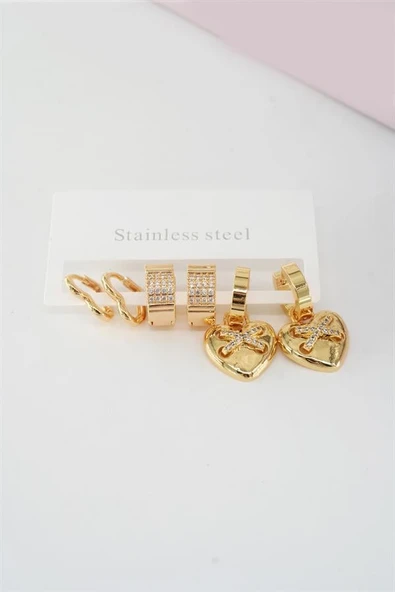 Kadın Vip Seri Baget Zirkon Taşlı Kalp Model Klipsli 6'lı Set Küpe - Resim 2