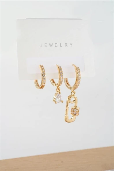 Kadın Vip Seri  Antialerjik Baget Zirkon Taşlı 3'lü Küpe ürün görseli