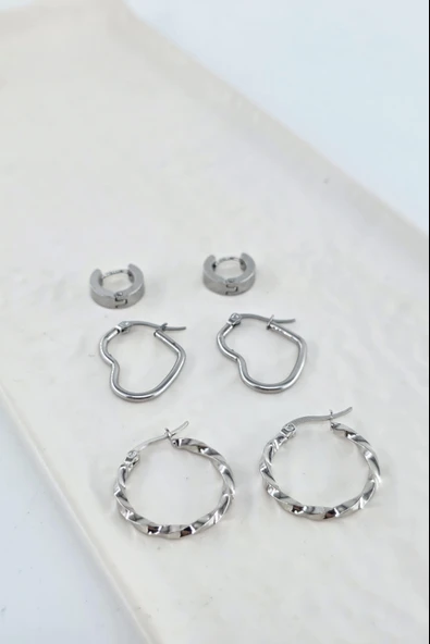 Kadın 316 L Paslanmaz Çelik Anti Alerjenik 6'lı Küpe Seti - Resim 3