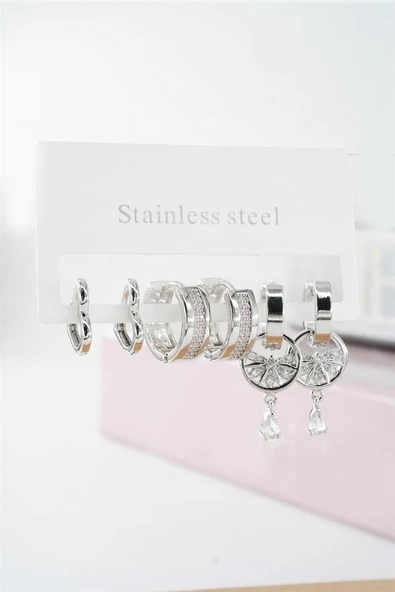 Kadın Vip Seri Baget Zirkon Taşlı Klipsli 6'lı Set Küpe ürün görseli