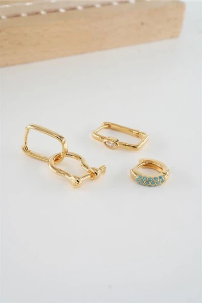 Kadın Vip Seri  Antialerjik Baget Zirkon Taşlı 3'lü Küpe - Resim 3