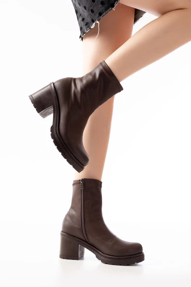 767-3012 Streç Kahve Fermuarlı Kalın Topuklu Günlük Kadın Bot - 2