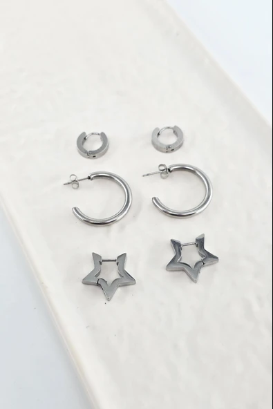 Kadın 316 L Paslanmaz Çelik Anti Alerjenik 6'lı Küpe Seti - Resim 3