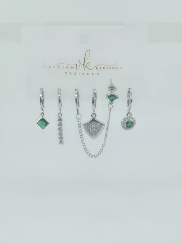 Kadın VIP Seri Zirkon Taşlı 6'lı Asimetrik Küpe Seti – Antialerjenik - Resim 2